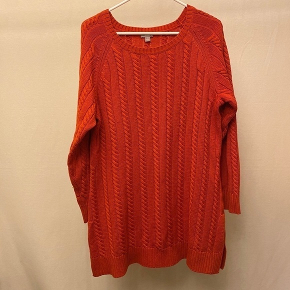 J. Jill Wool Blend Size Medium Orange Cable Knit Grandma Sweater / Tunic Pumpkin - Picture 2 of 8